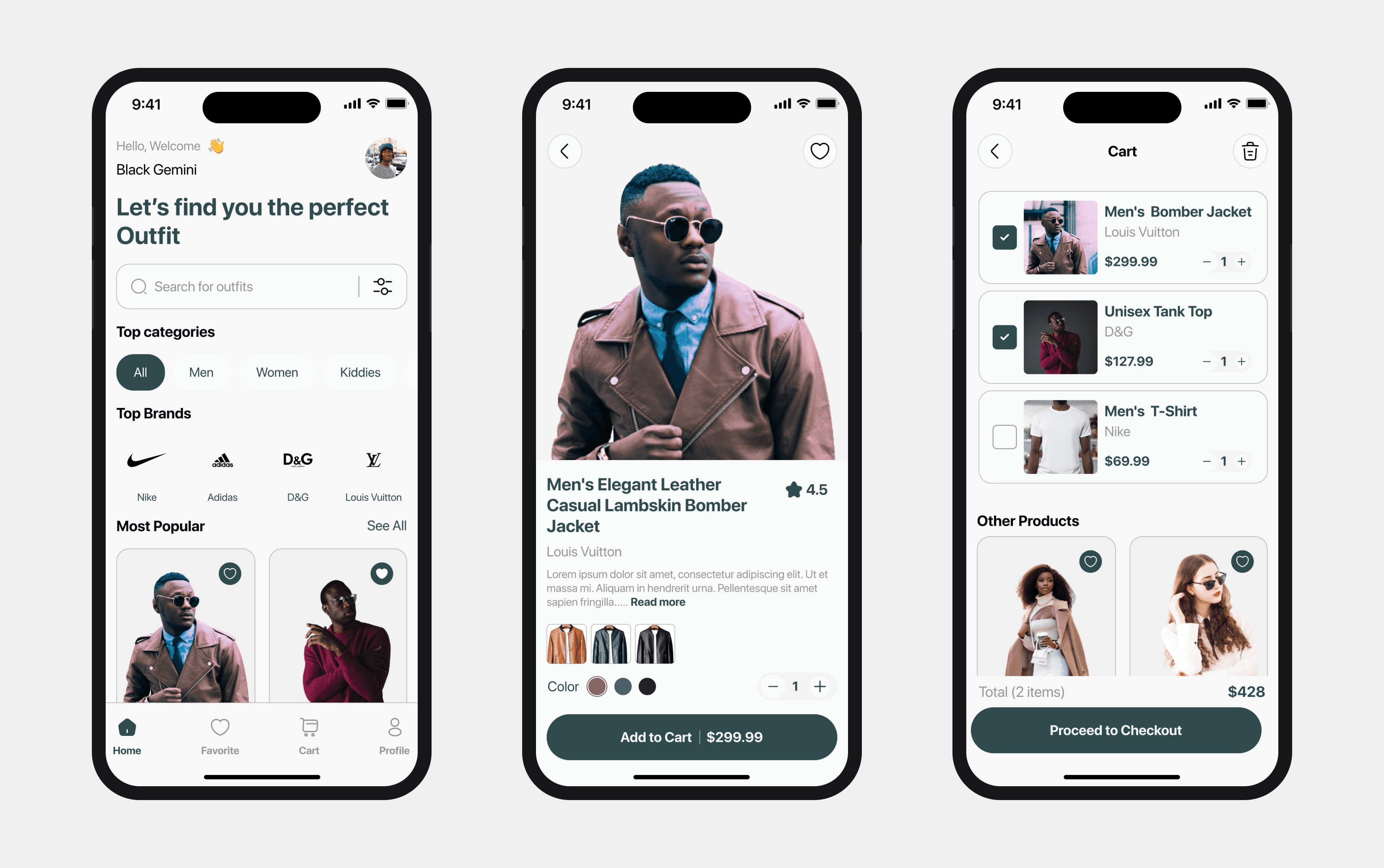 Fashion marketplace app — browse, product page and cart