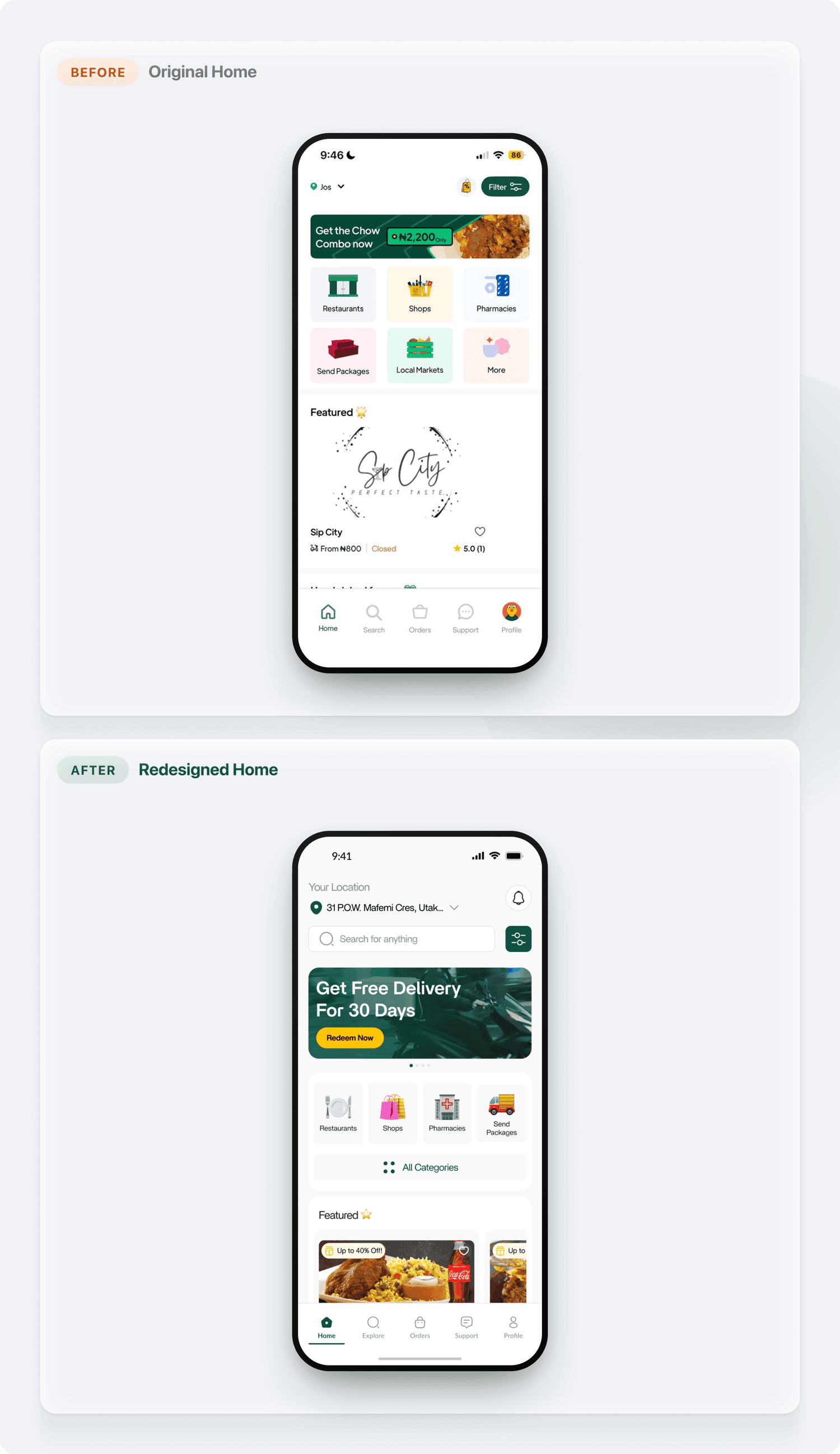 The original Chowdeck home screen and the redesigned one, labelled Before and After