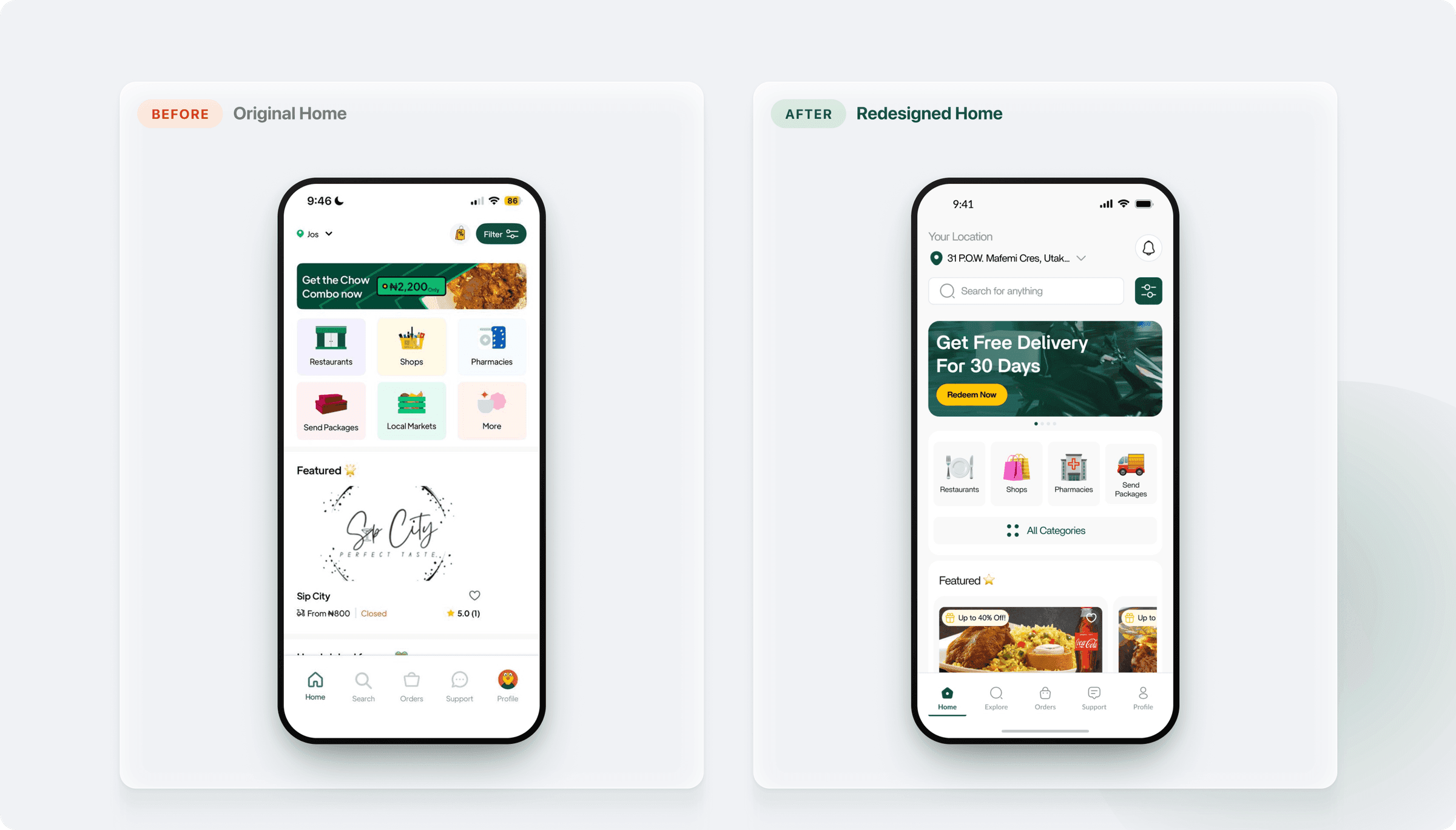 The original Chowdeck home screen and the redesigned one, labelled Before and After