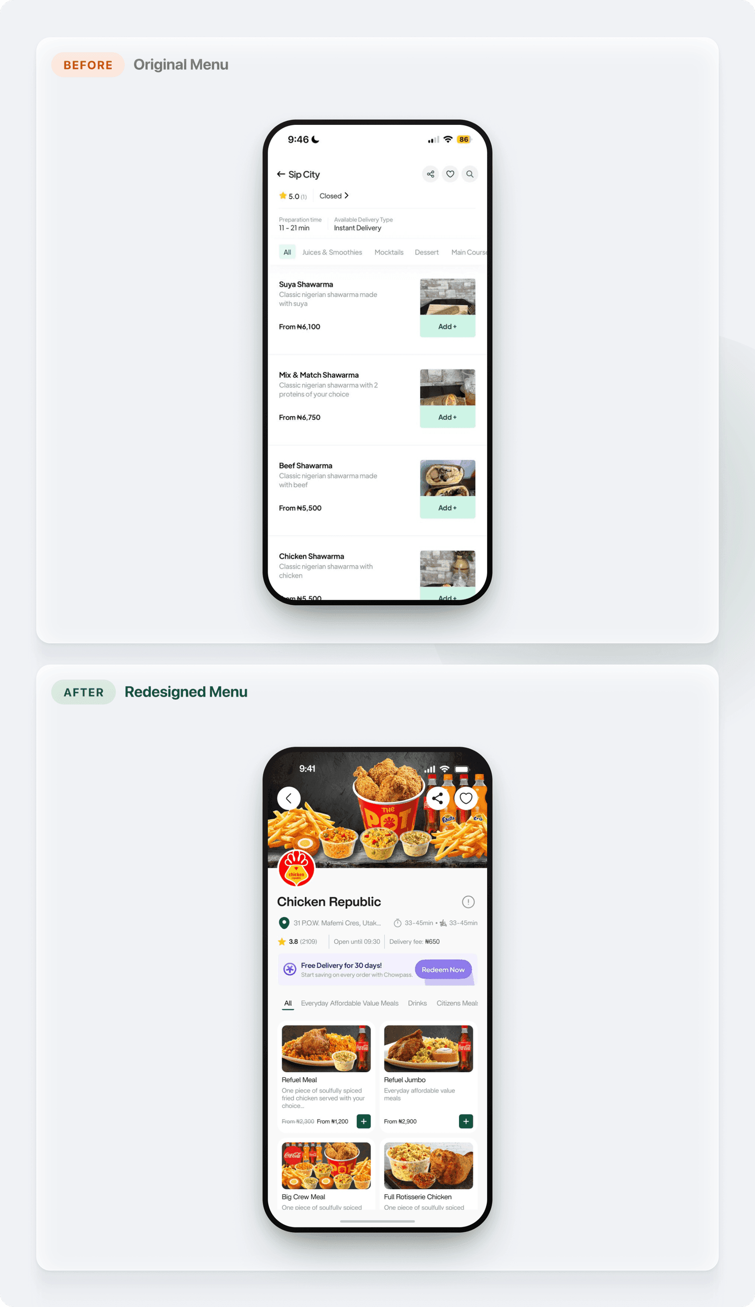 The original restaurant menu and the redesigned one, labelled Before and After