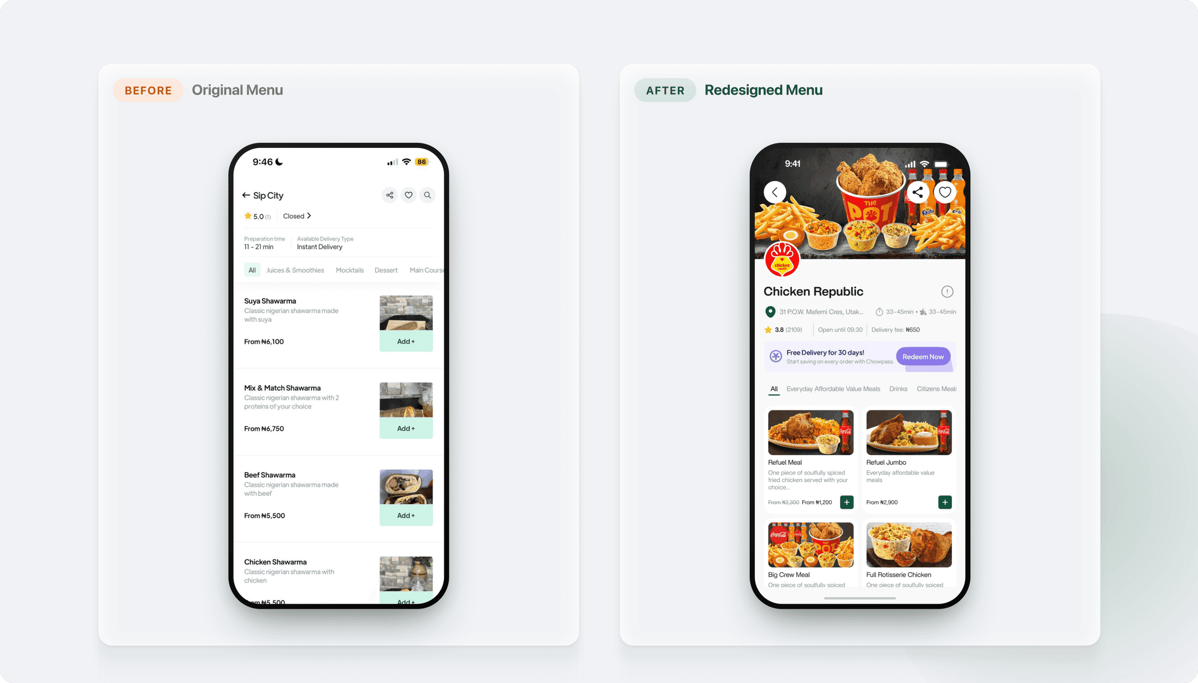 The original restaurant menu and the redesigned one, labelled Before and After