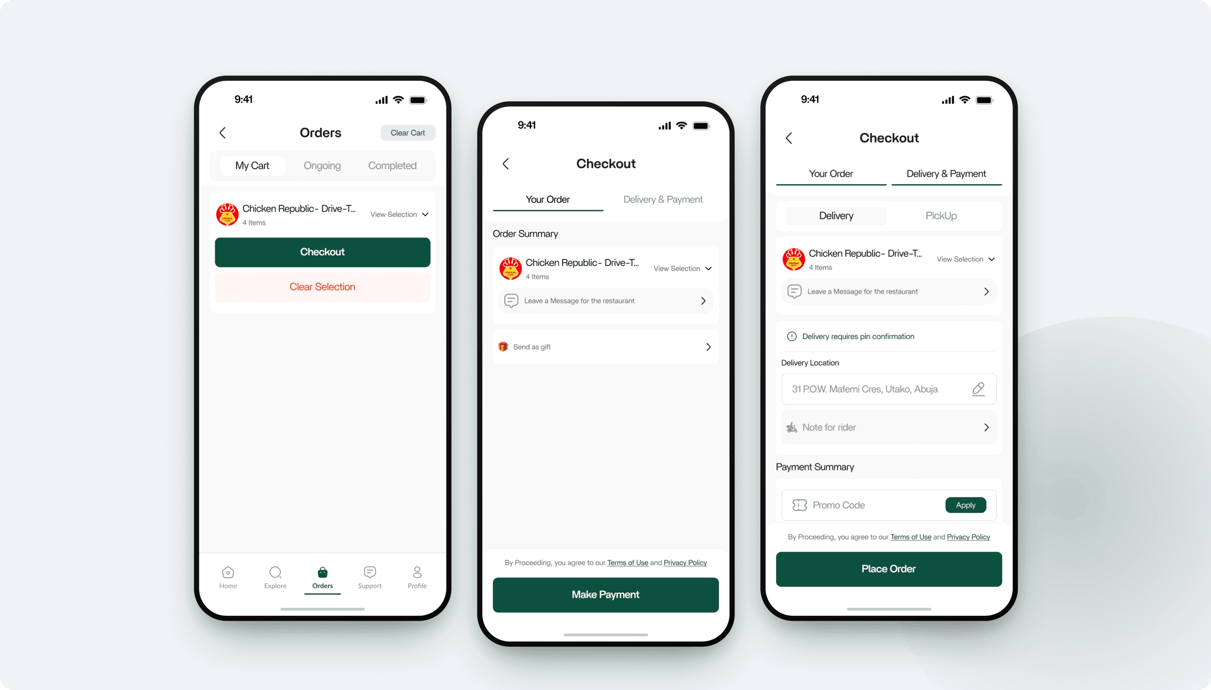 Three checkout screens: a tabbed cart with My Cart, Ongoing and Completed, the Your Order step, and the Delivery and Payment step with a Place Order button