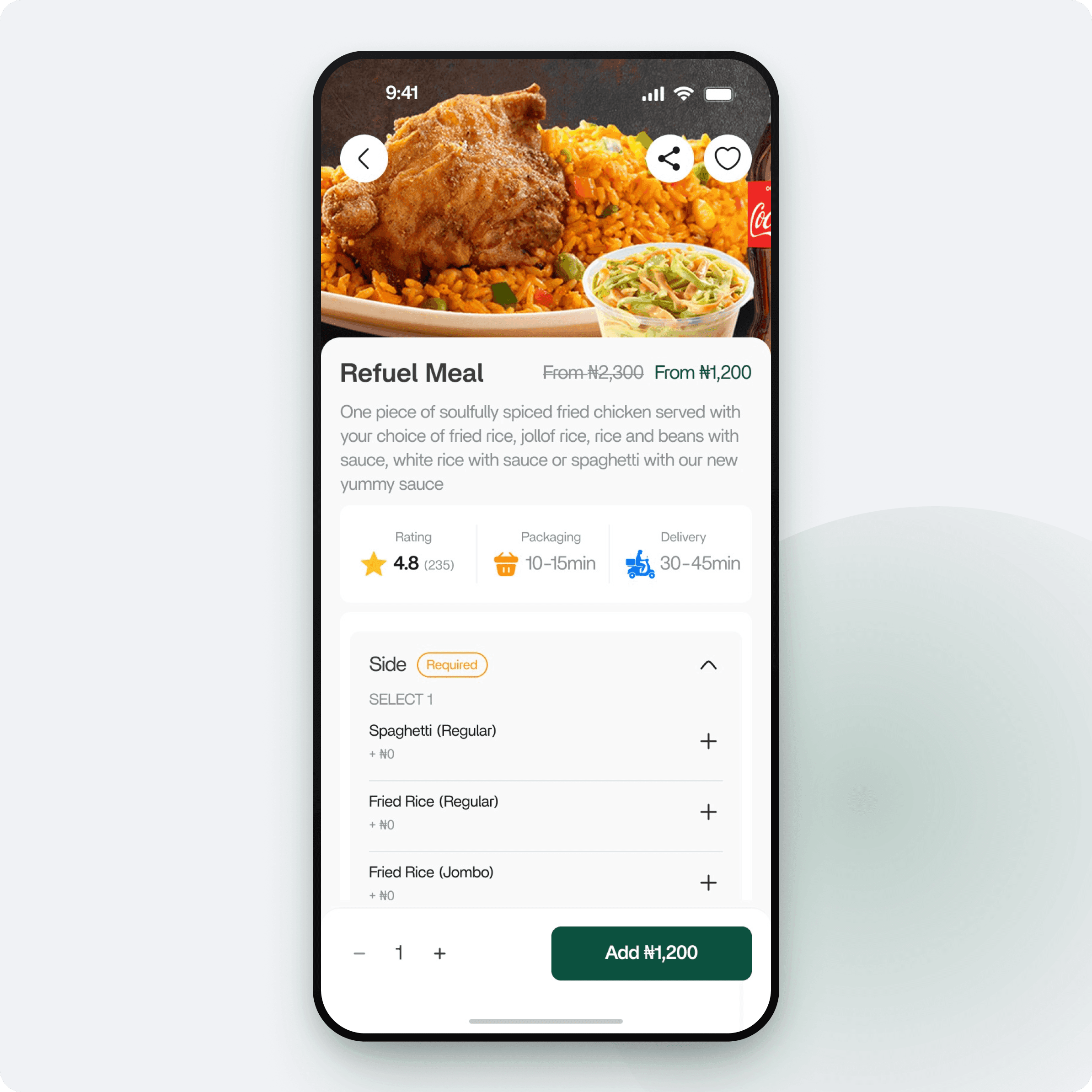 The Refuel Meal detail screen, with a full-bleed dish photo, rating, packaging and delivery row, a required side selection and an add-to-cart bar