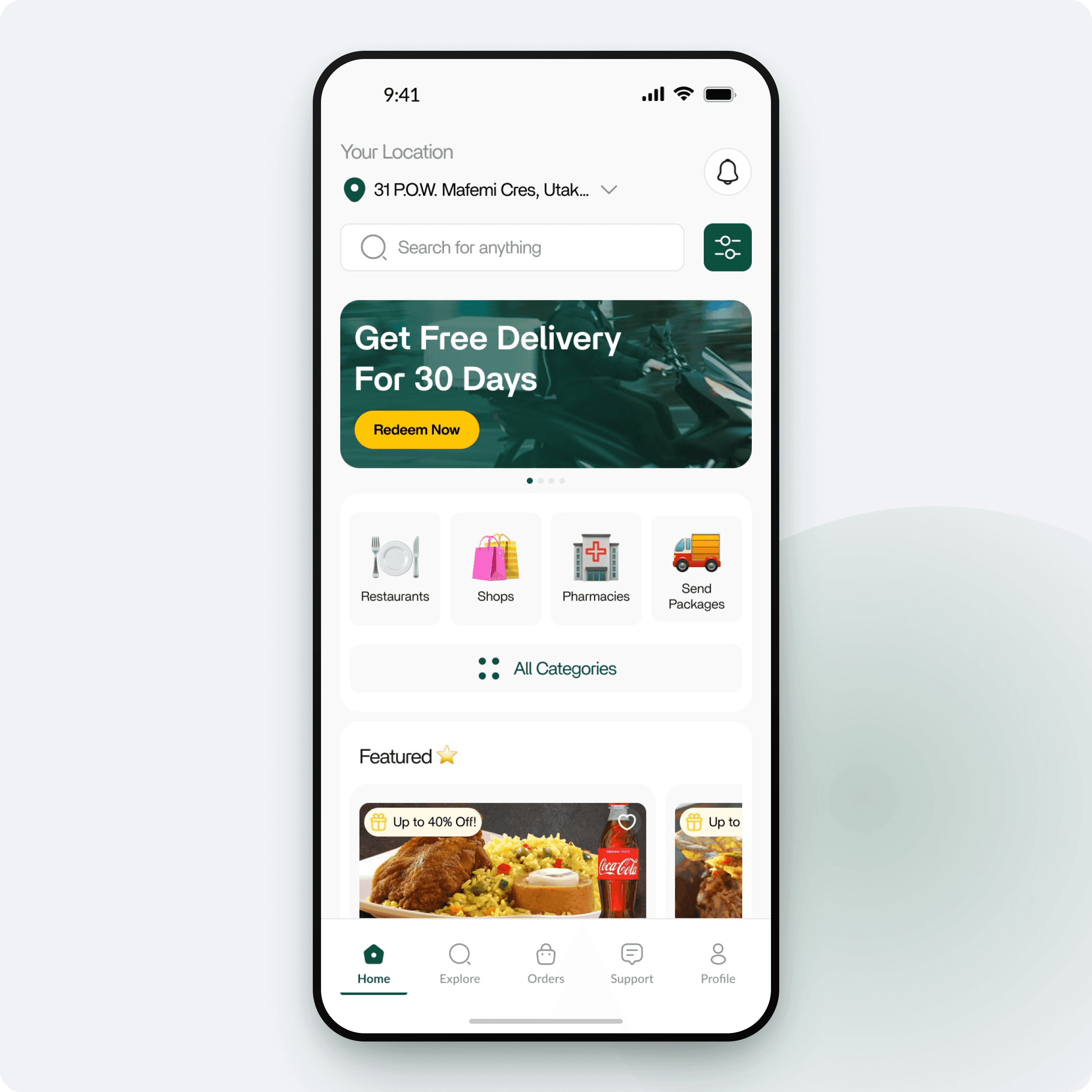 The redesigned Chowdeck home screen, with a location header, search bar, free-delivery promo banner, category tiles and a featured row