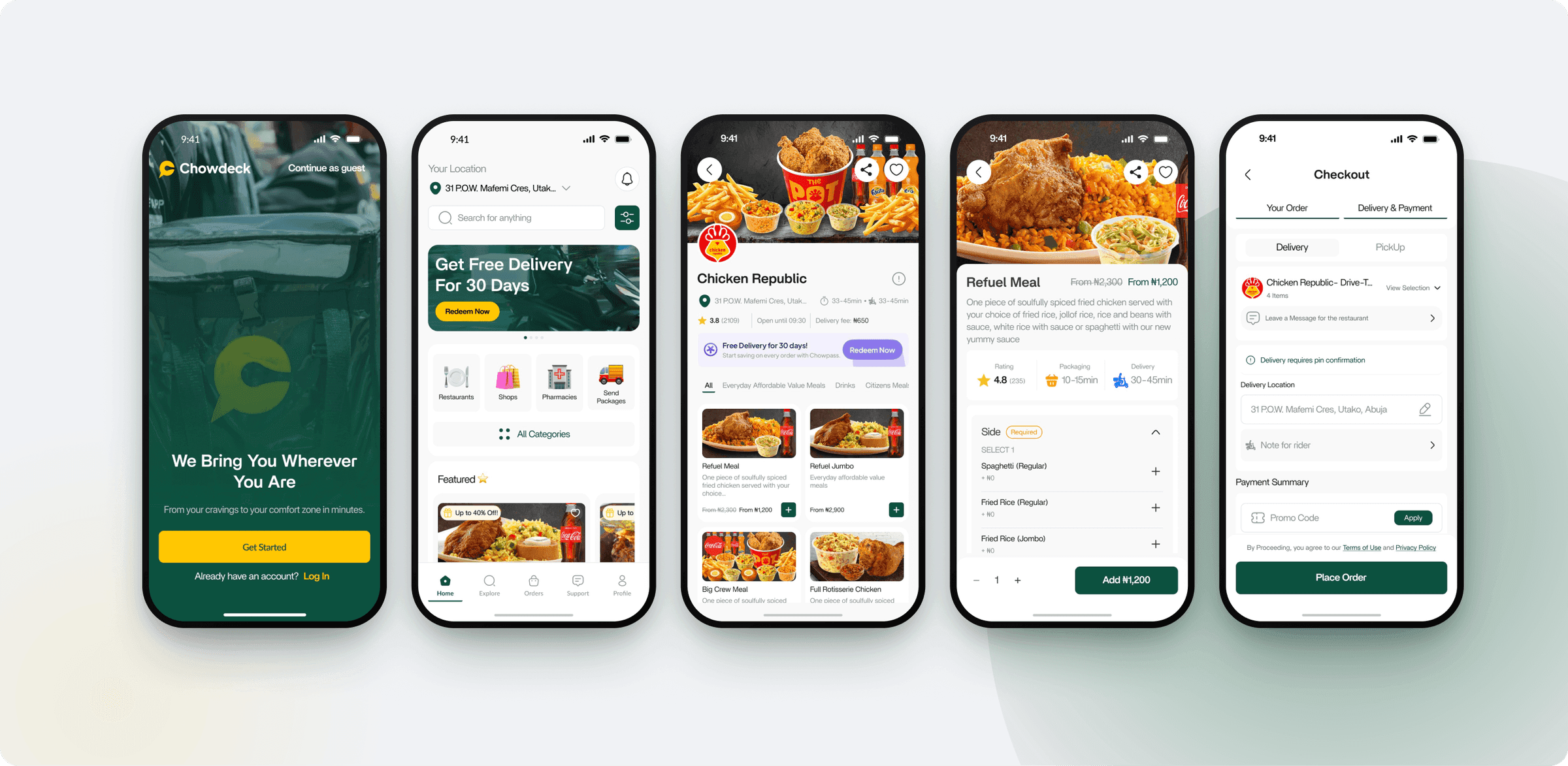 Chowdeck's redesigned home, restaurant and checkout screens side by side