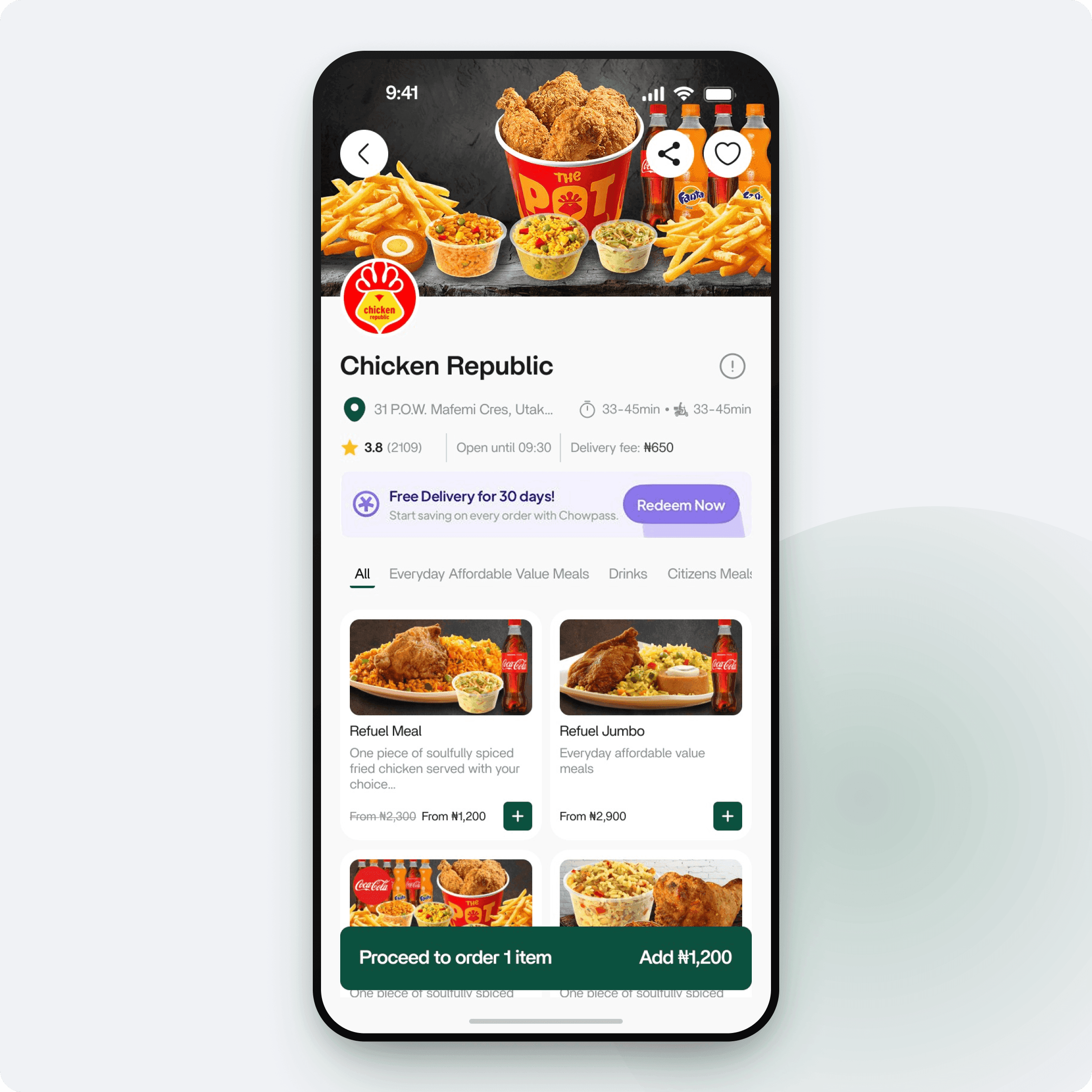 A Chicken Republic restaurant page with a hero photo, rating and delivery info bar, filter chips and a two-column menu grid above a sticky order bar