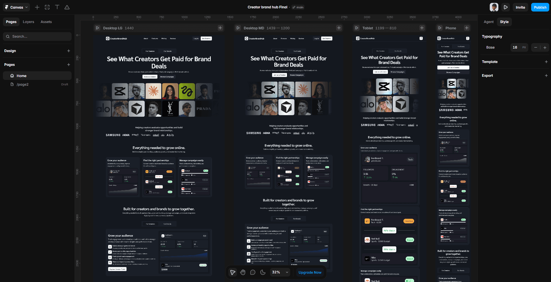 The dark-mode landing page in the Framer editor, laid out at desktop, tablet and phone breakpoints side by side