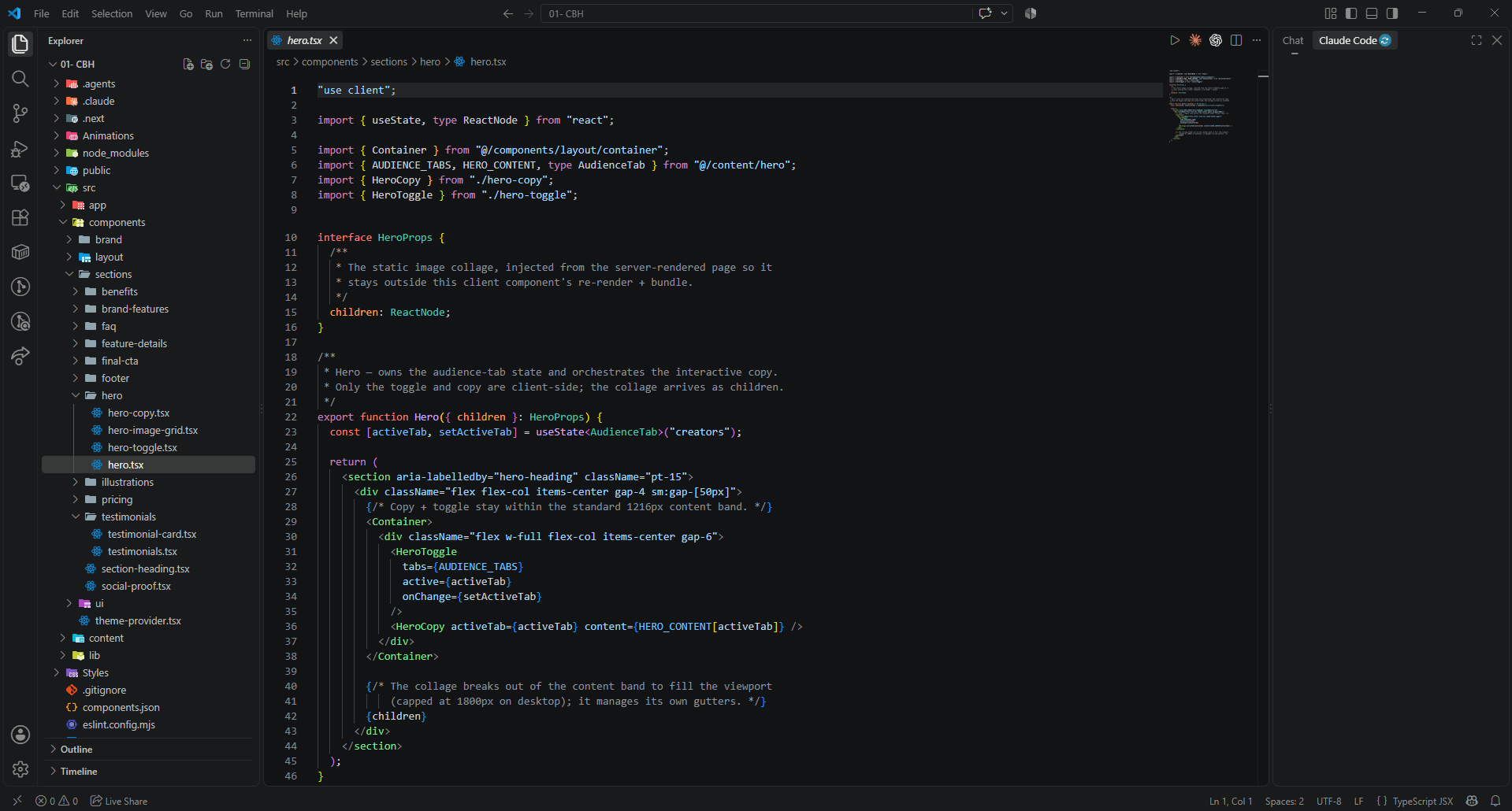 The Next.js rebuild open in VS Code, showing the hero section component and the project’s sections folder