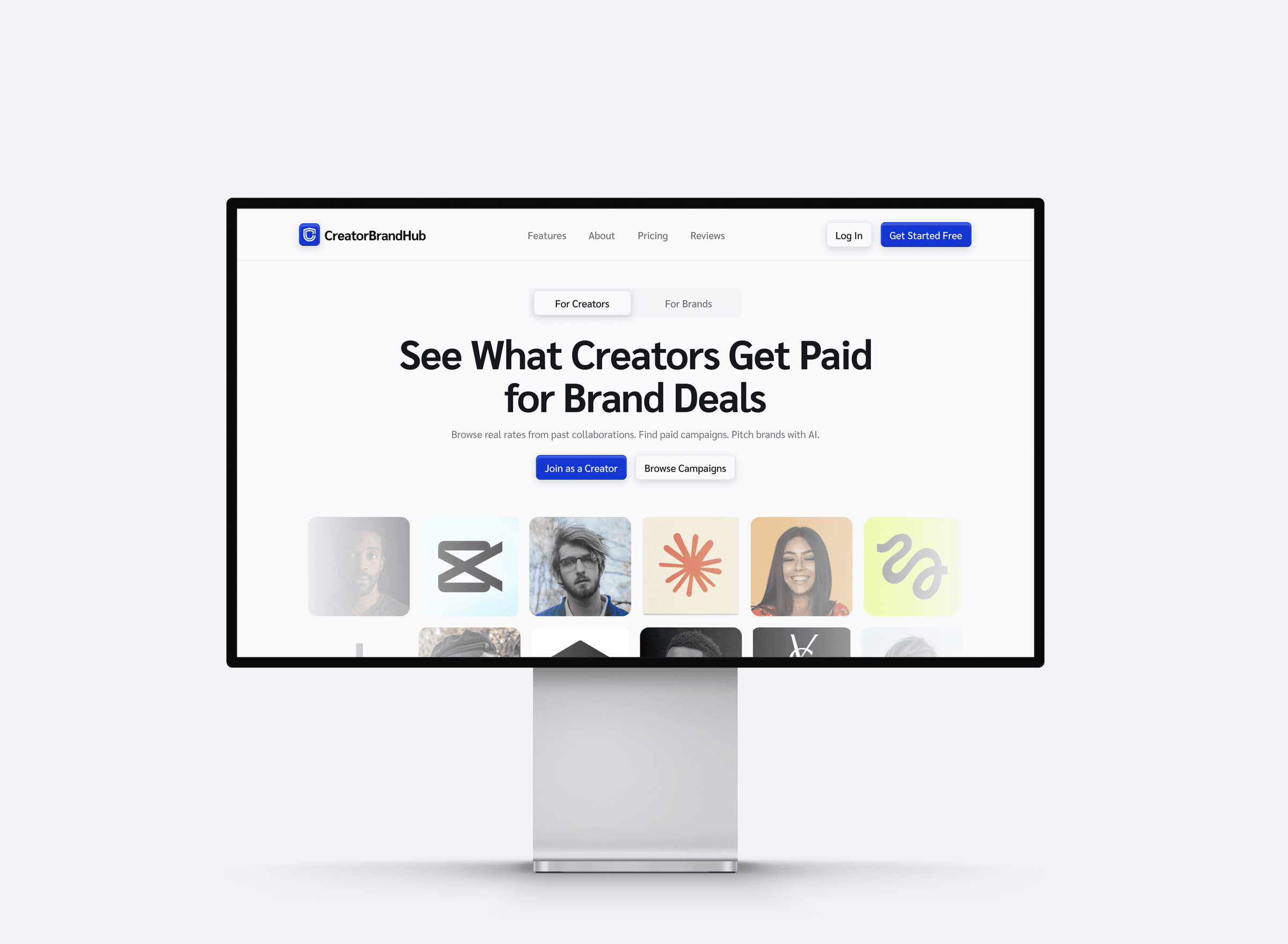 The warmer second version, leading with Creators Get Paid and a grid of creator portraits