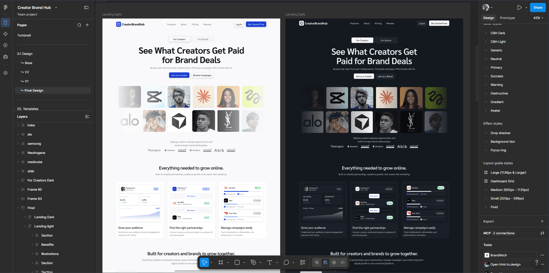 The Figma file showing the light and dark versions of the final landing page side by side, with the layers and design-system panels open