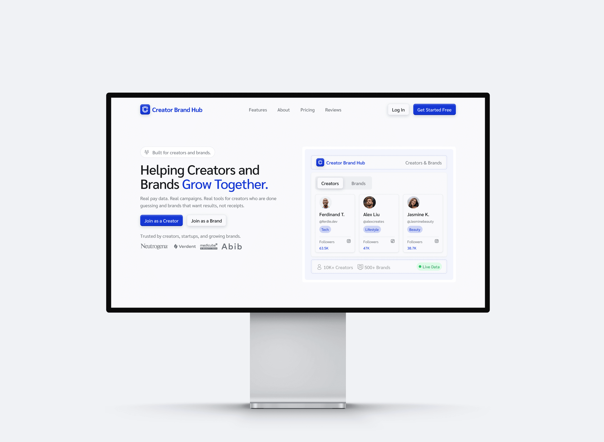 The pitched Creator Brand Hub landing page shown on a desktop monitor, with the Helping Creators and Brands Grow Together hero and a creator directory panel