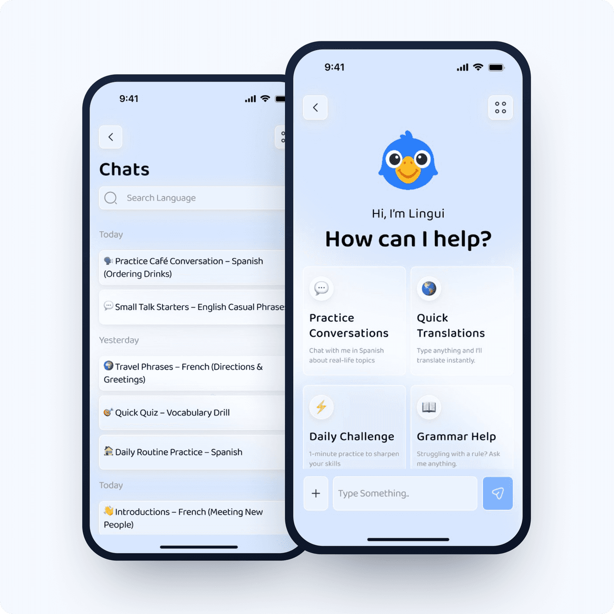 The Lingui assistant hub, offering practice conversations, quick translations and a daily challenge