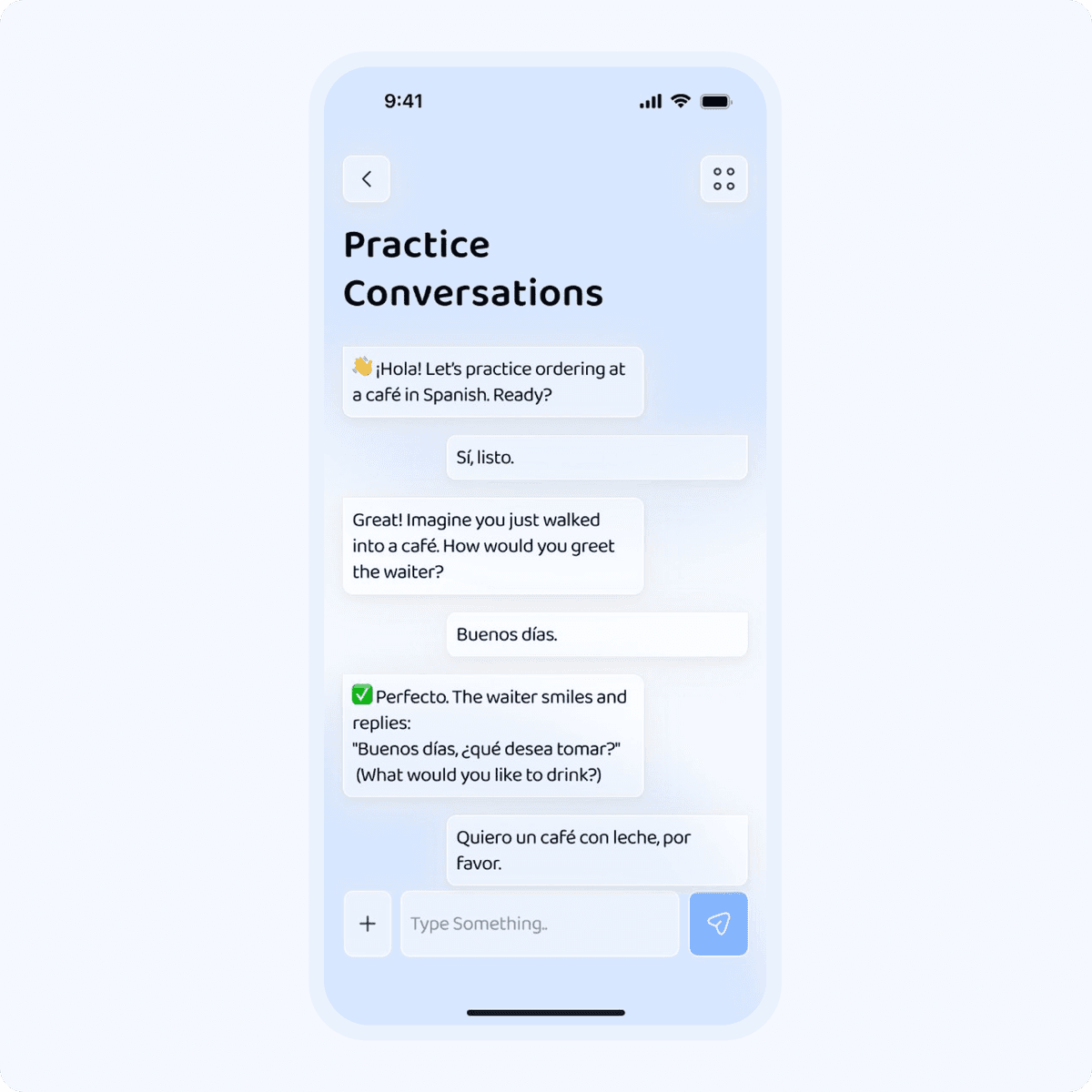 A conversation in which Lingui replies Perfecto and models the waiter's response back to the learner