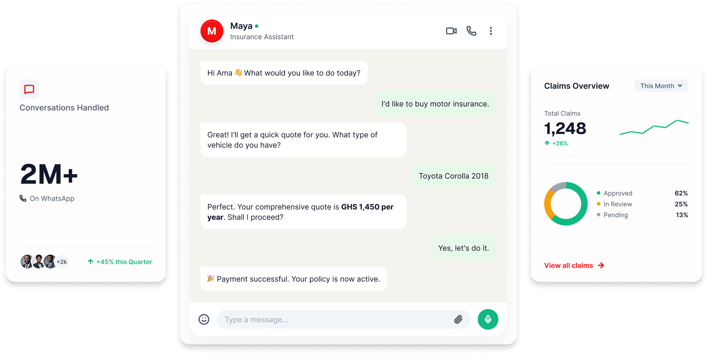 The Maya AI assistant mid-conversation, quoting and renewing a motor policy inside a WhatsApp thread