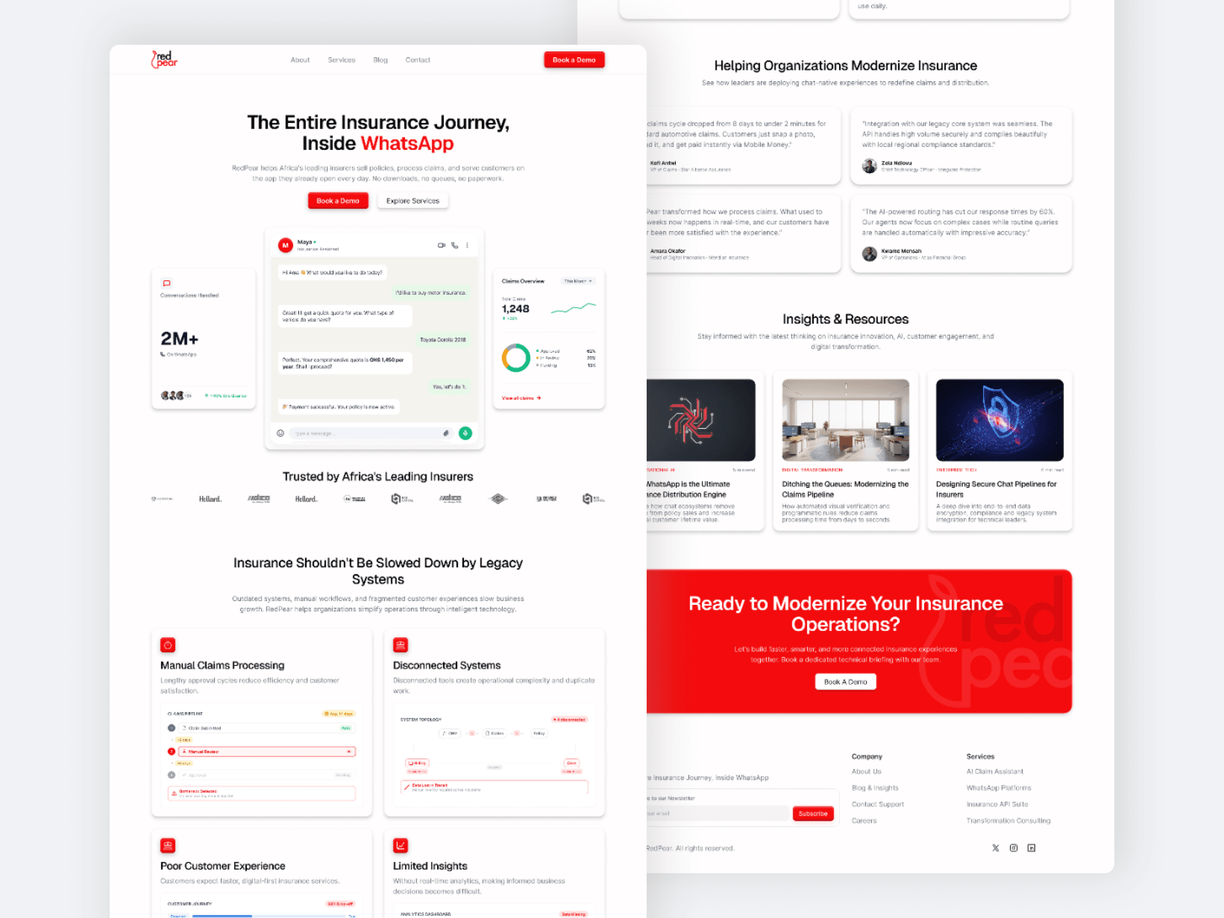 Full-length views of the finished RedPear site, running from the hero through the solutions grid to the closing call to action