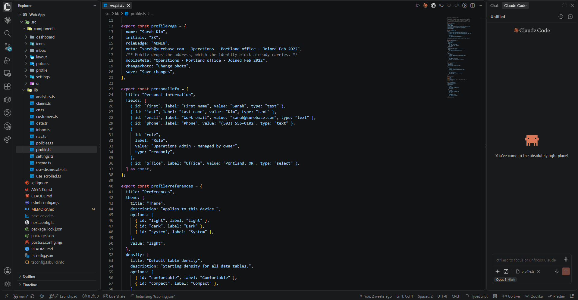 The SureBase web app in VS Code, with profile.ts open beside the project's components and lib folders