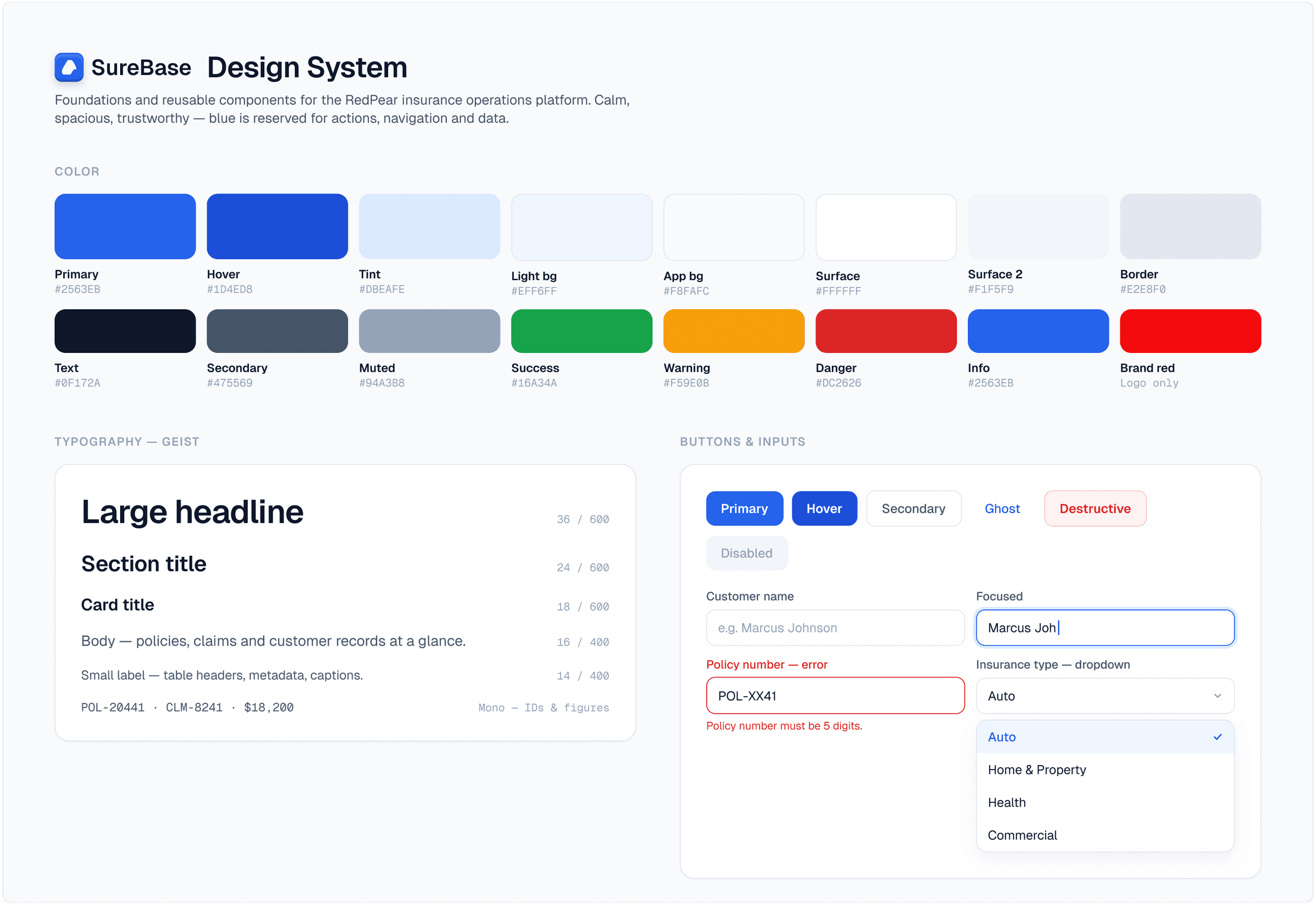 The SureBase design system sheet: the colour ramp, the Geist type scale, and button and input states including focus, error and an open dropdown