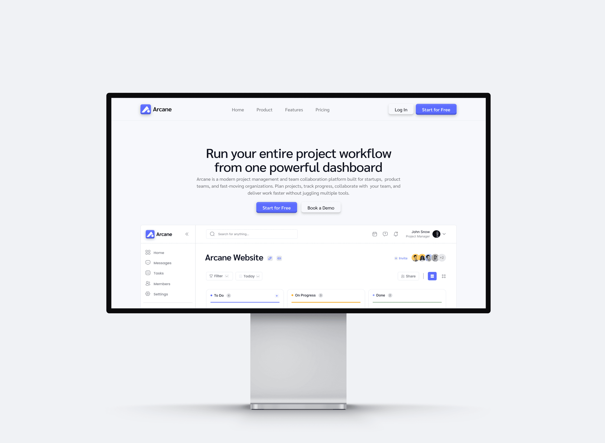 The Arcane landing page on a desktop monitor, its hero sitting above a preview of the CRM dashboard