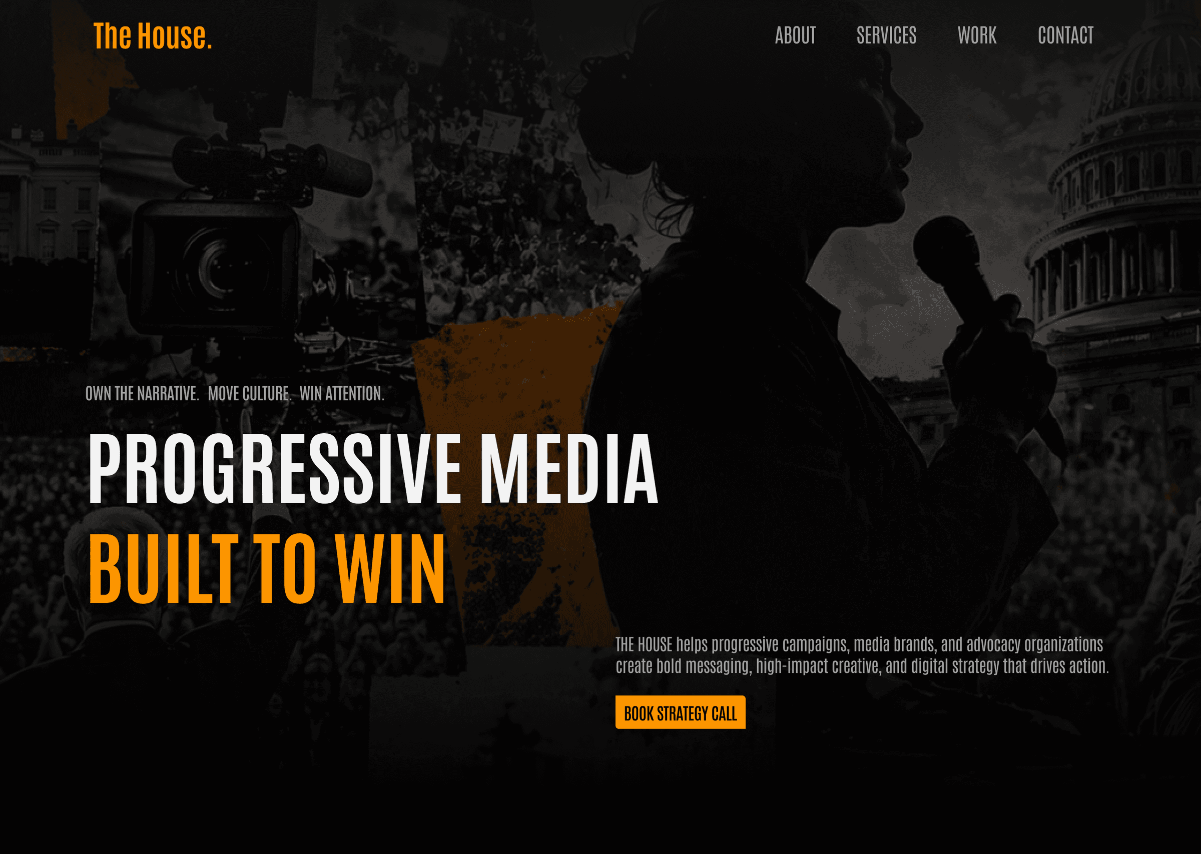 V1 of the hero, leading with Progressive Media Built to Win over a single silhouetted speaker at a microphone