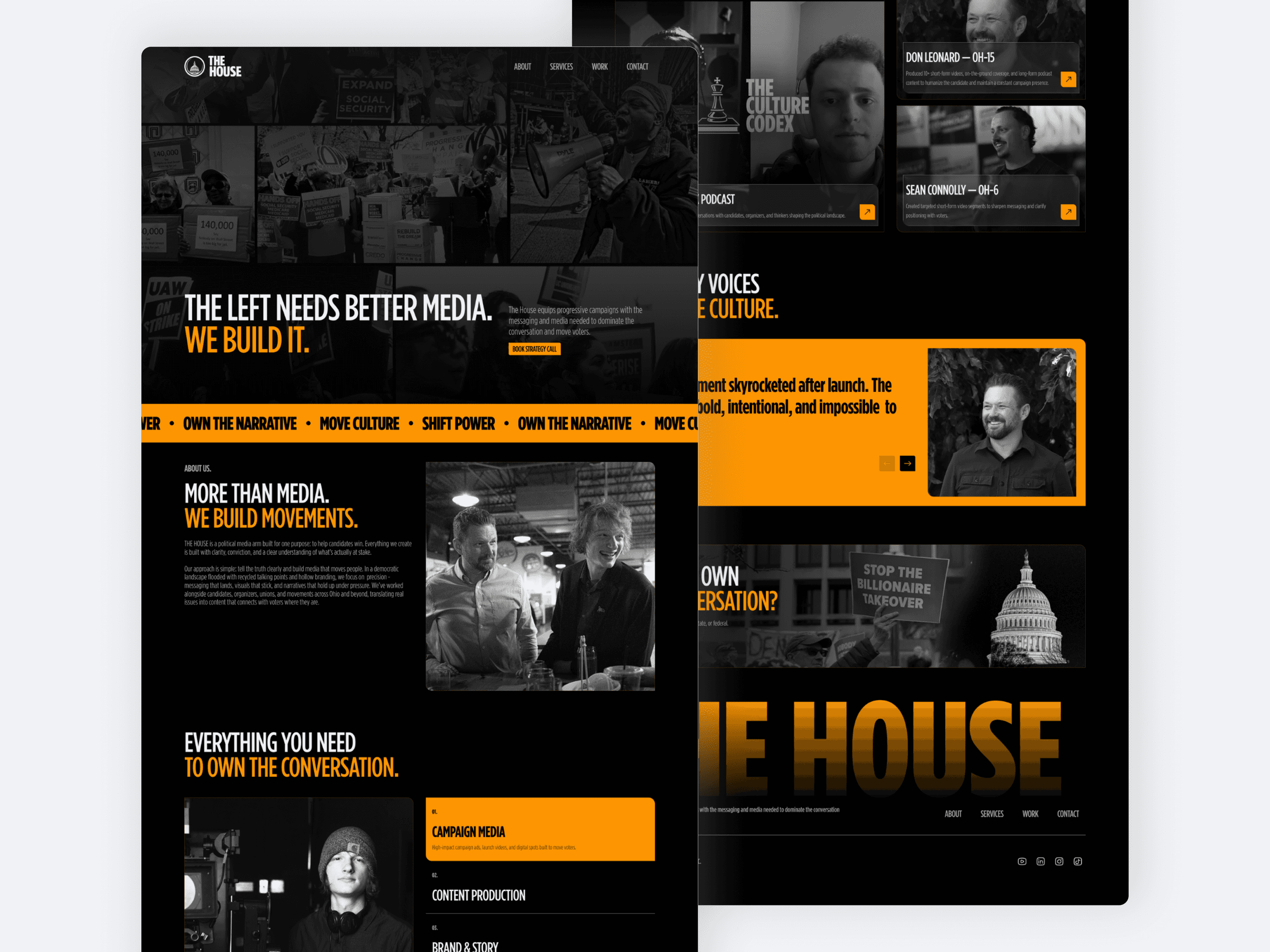 Two full-length views of the finished The House landing page, running from the hero and marquee through the about section, services list, testimonials and the closing call to action